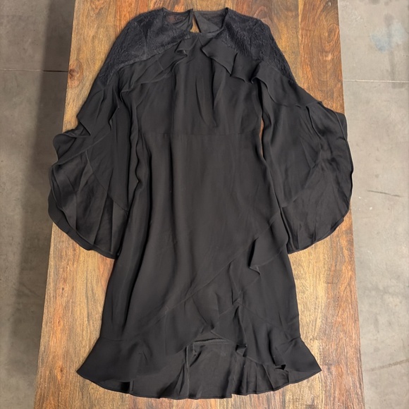 BCBGMAXAZRIA Black Chiffon Ruffle Hem Dress | Flutter Sleeves | Size Small - Picture 5 of 6